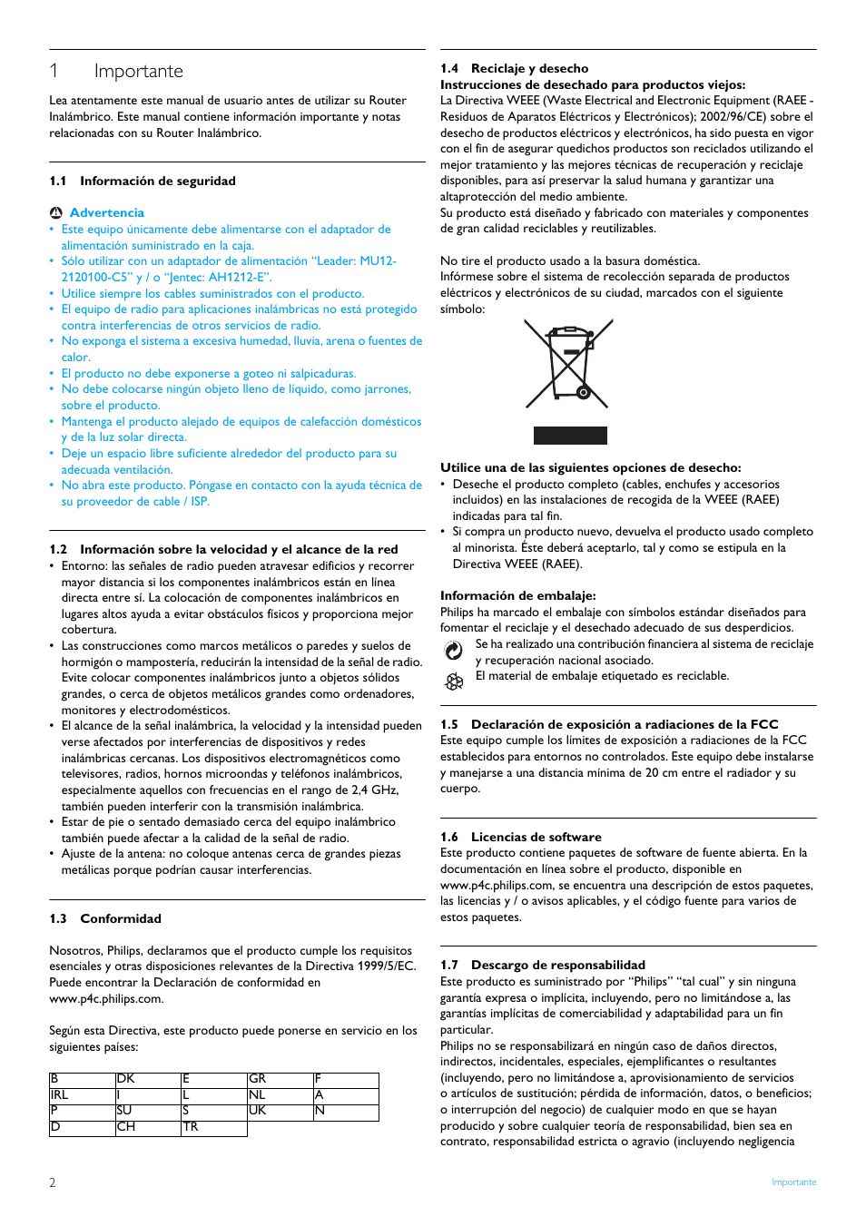 1 importante, 1 información de seguridad, 3 conformidad | 4 reciclaje y desecho, 6 licencias de software, 7 descargo de responsabilidad, Importante, Información de seguridad, Conformidad, Reciclaje y desecho | Philips Router inalámbrico User Manual | Page 4 / 24