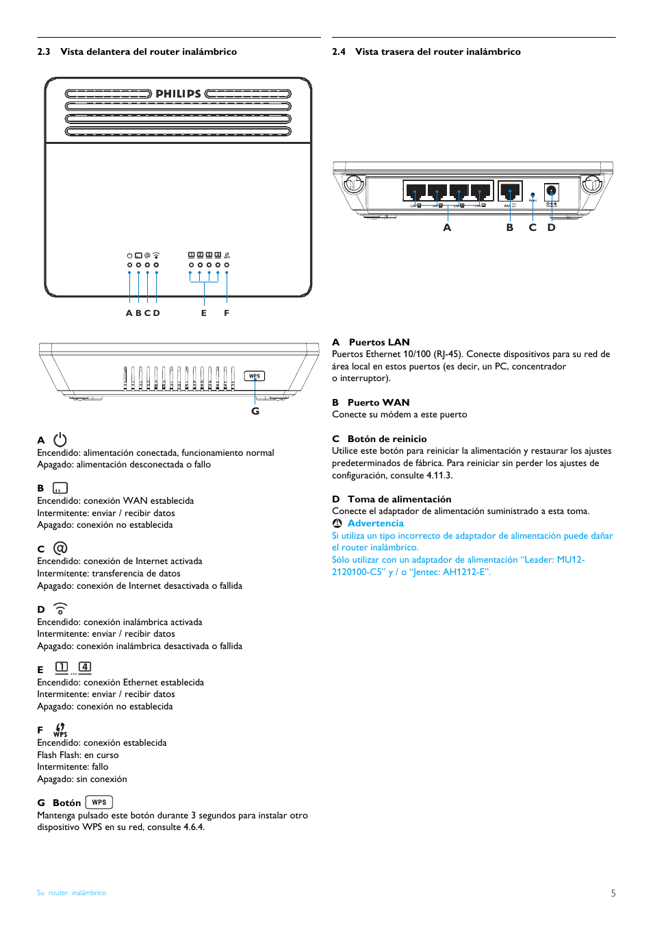 3 vista delantera del router inalámbrico, 4 vista trasera del router inalámbrico, Vista delantera del router inalámbrico | Vista trasera del router inalámbrico | Philips Router inalámbrico User Manual | Page 7 / 24