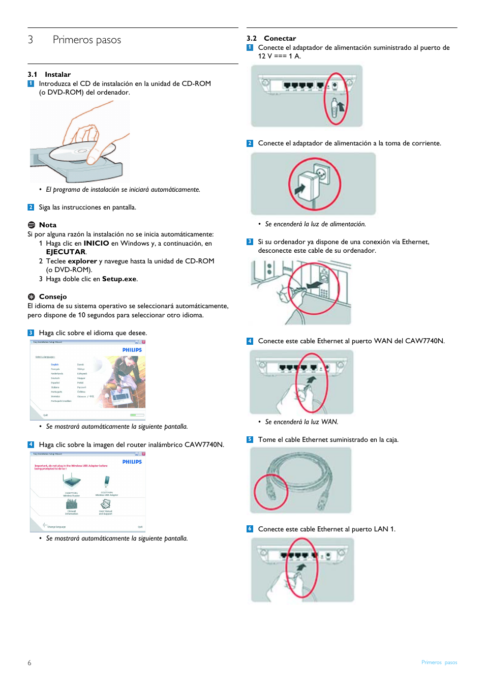 3 primeros pasos, 1 instalar, 2 conectar | Primeros pasos, Instalar, Conectar, 3primeros pasos | Philips Router inalámbrico User Manual | Page 8 / 24