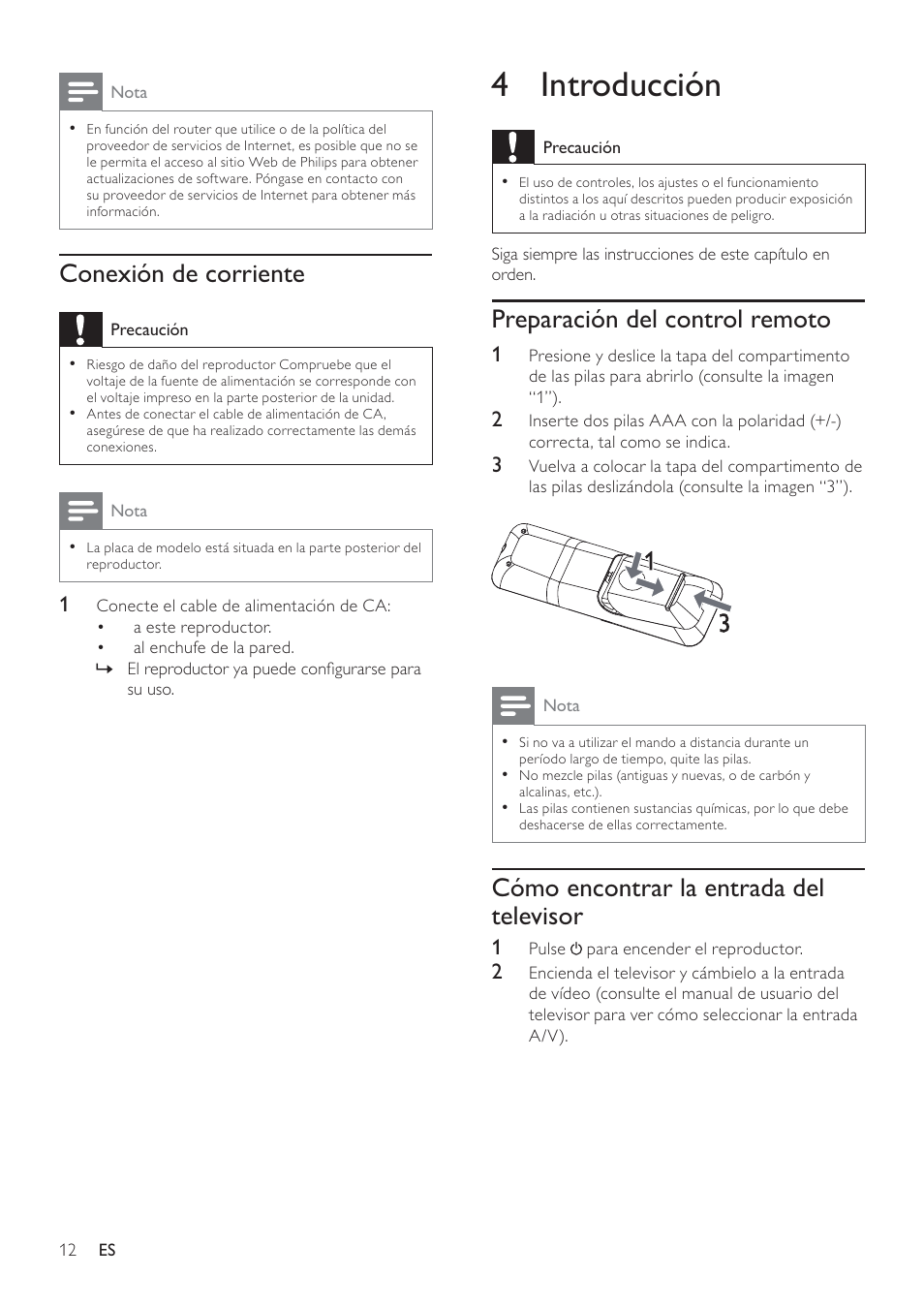 4 introducción, Preparación del control remoto, Cómo encontrar la entrada del televisor | Conexión de corriente | Philips 5000 series Reproductor de Blu-ray Disc User Manual | Page 12 / 55