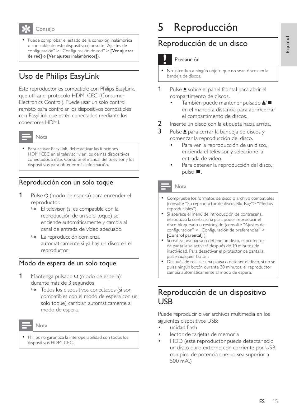 5 reproducción, Reproducción de un disco, Reproducción de un dispositivo usb | Uso de philips easylink, Reproducción con un solo toque 1, Modo de espera de un solo toque 1 | Philips 5000 series Reproductor de Blu-ray Disc User Manual | Page 15 / 55