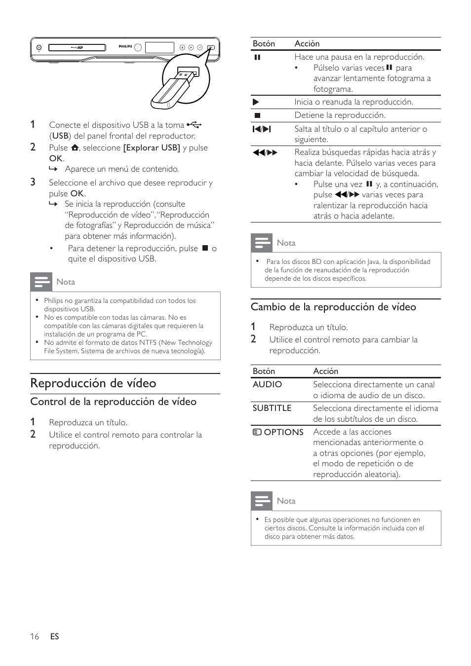 Reproducción de vídeo | Philips 5000 series Reproductor de Blu-ray Disc User Manual | Page 16 / 55