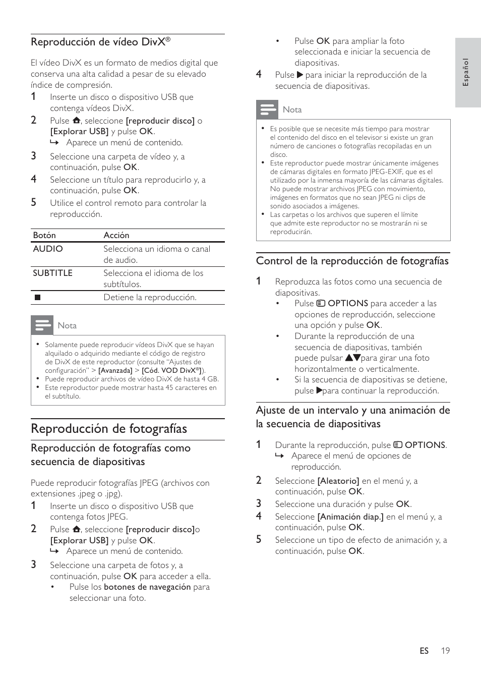 Reproducción de fotografías, Control de la reproducción de fotografías 1, Reproducción de vídeo divx | Philips 5000 series Reproductor de Blu-ray Disc User Manual | Page 19 / 55