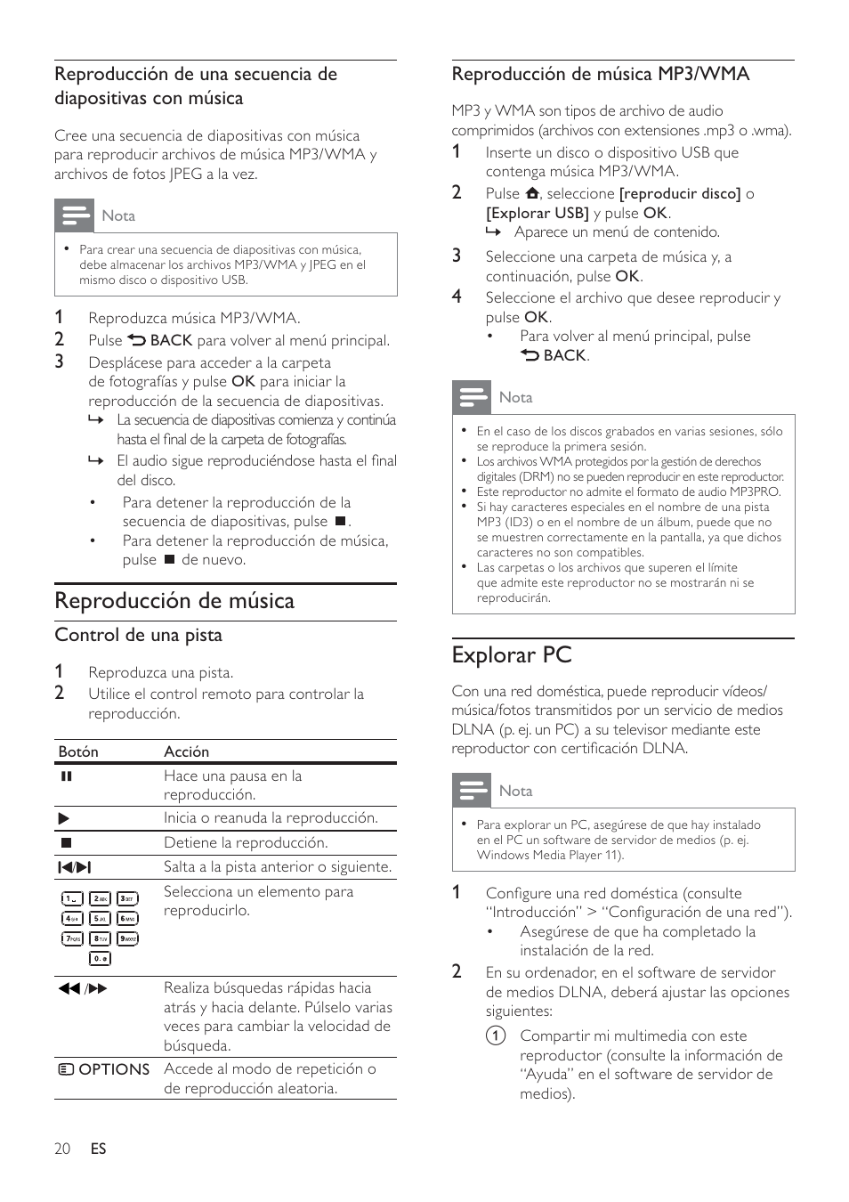 Explorar pc, Reproducción de música | Philips 5000 series Reproductor de Blu-ray Disc User Manual | Page 20 / 55