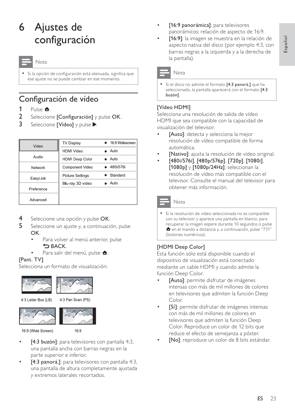 6 ajustes de configuración | Philips 5000 series Reproductor de Blu-ray Disc User Manual | Page 23 / 55