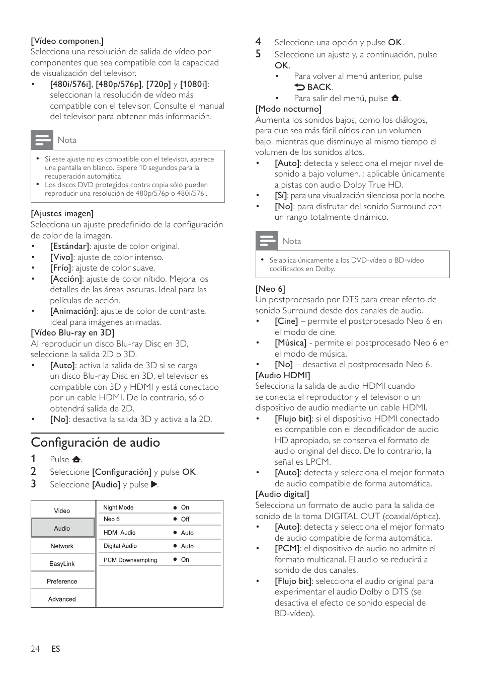 Conﬁguración de audio | Philips 5000 series Reproductor de Blu-ray Disc User Manual | Page 24 / 55