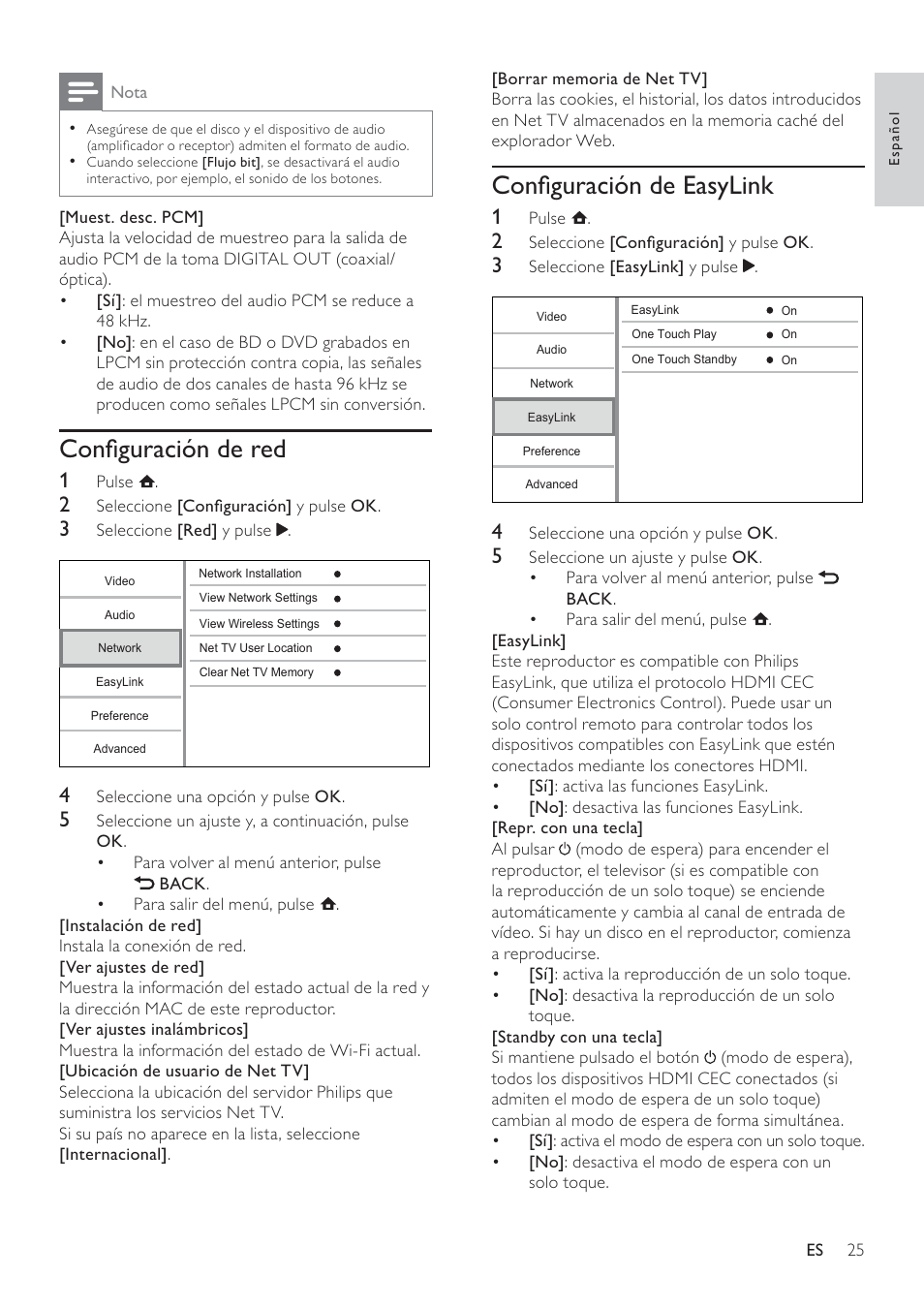 Conﬁguración de easylink, Conﬁguración de red | Philips 5000 series Reproductor de Blu-ray Disc User Manual | Page 25 / 55