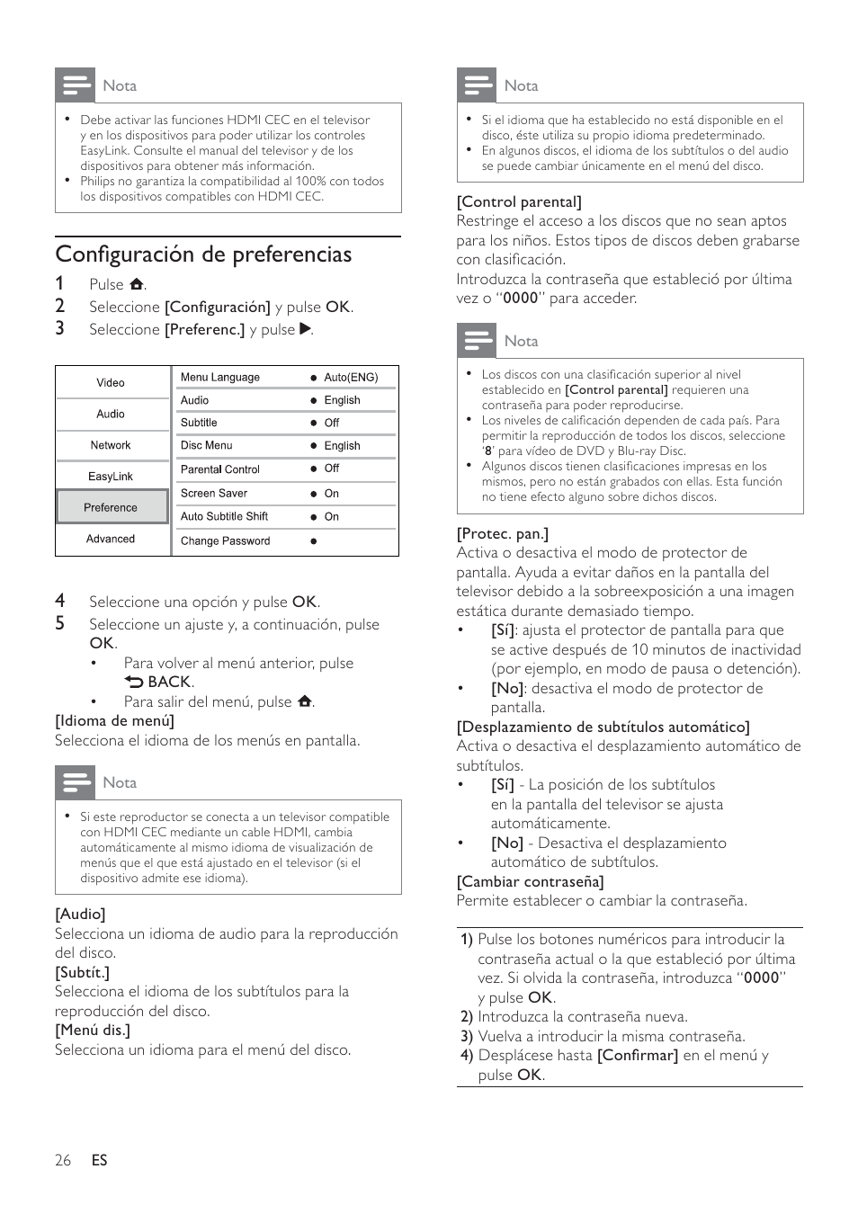 Conﬁguración de preferencias | Philips 5000 series Reproductor de Blu-ray Disc User Manual | Page 26 / 55