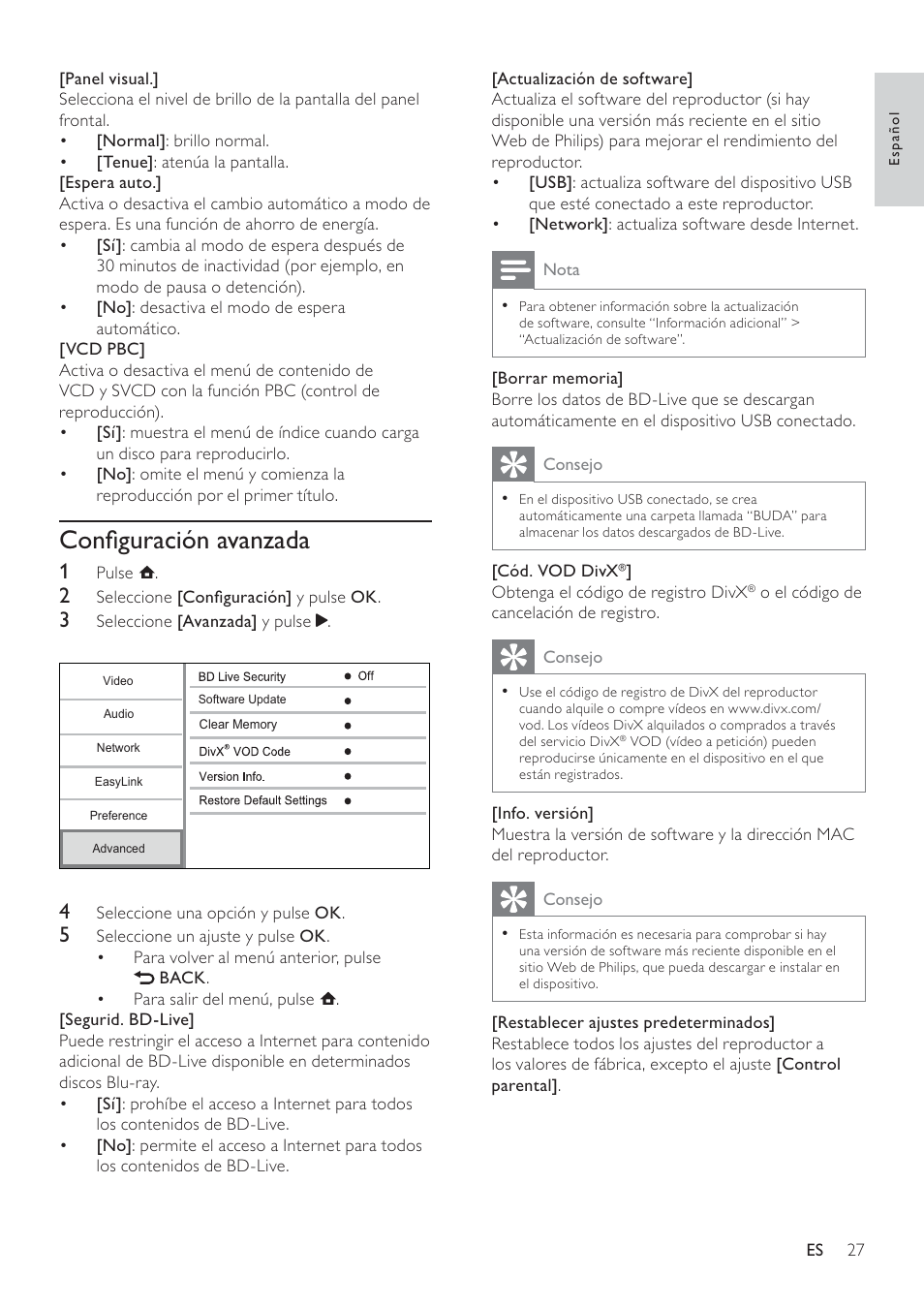 Conﬁguración avanzada | Philips 5000 series Reproductor de Blu-ray Disc User Manual | Page 27 / 55