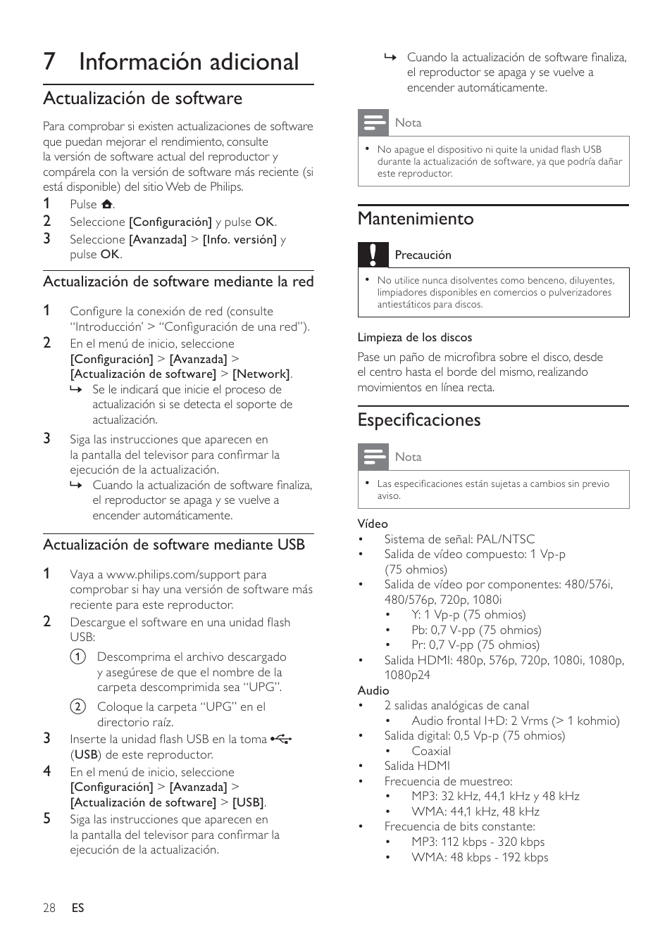 7 información adicional, Mantenimiento, Especiﬁcaciones | Actualización de software | Philips 5000 series Reproductor de Blu-ray Disc User Manual | Page 28 / 55