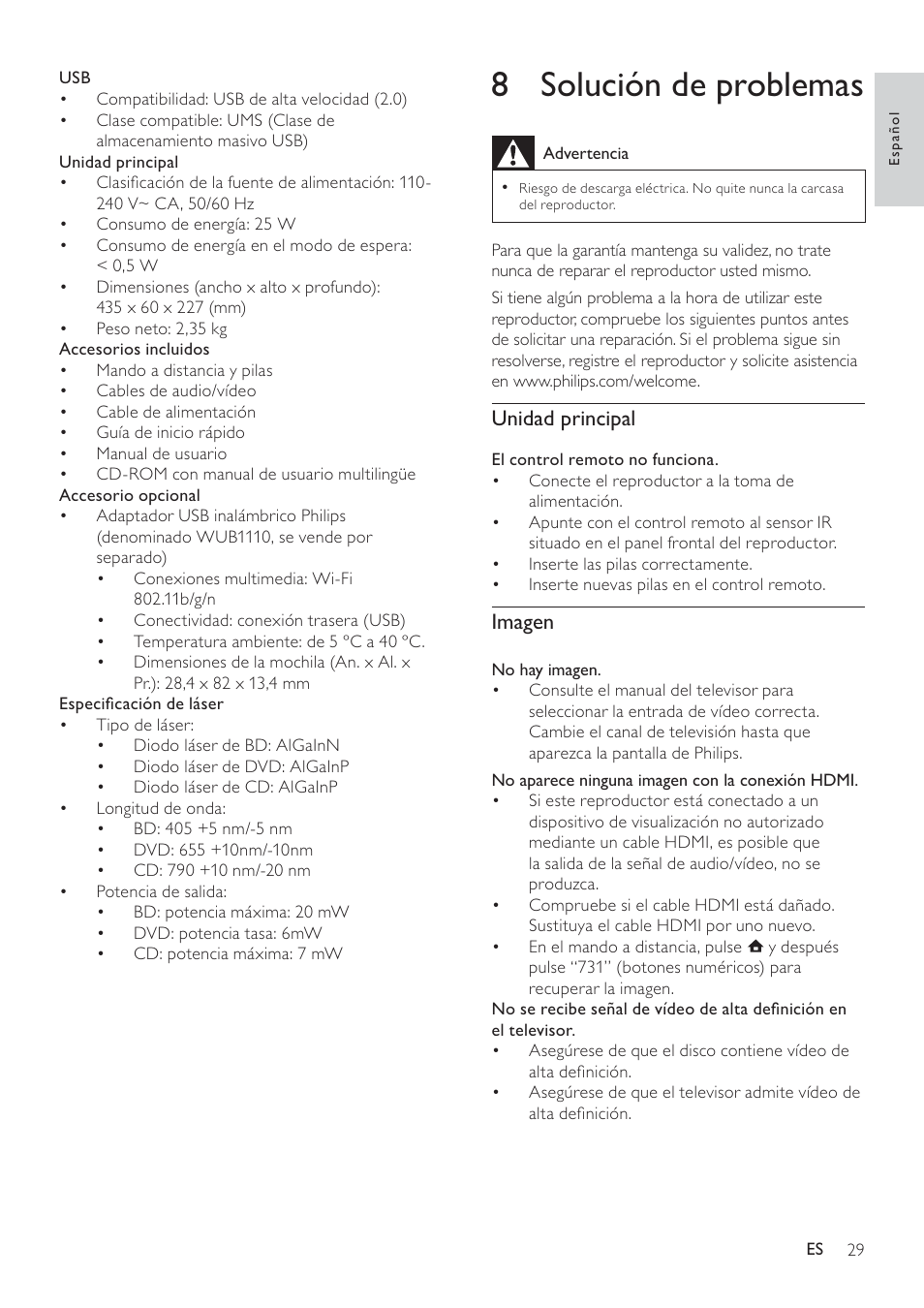 8 solución de problemas, Unidad principal, Imagen | Philips 5000 series Reproductor de Blu-ray Disc User Manual | Page 29 / 55