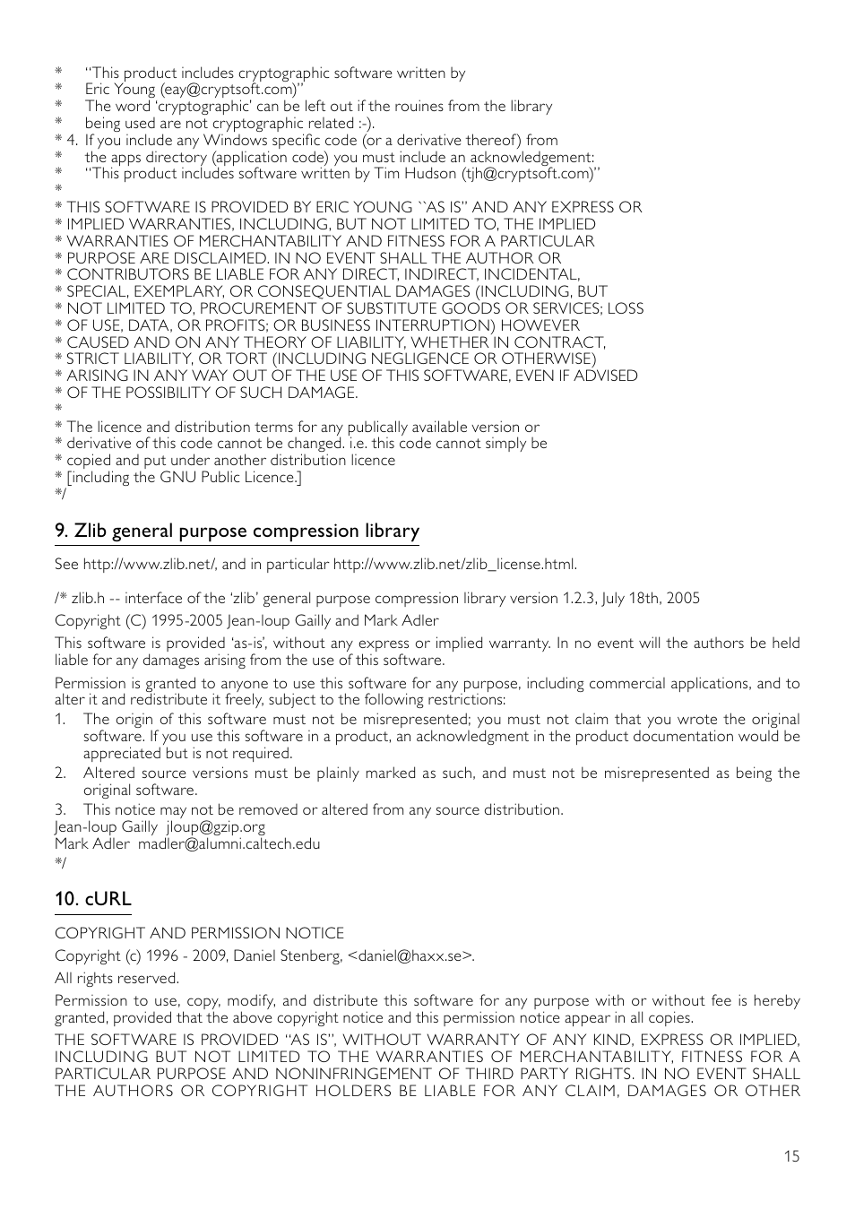 Zlib general purpose compression library, Curl | Philips 5000 series Reproductor de Blu-ray Disc User Manual | Page 50 / 55