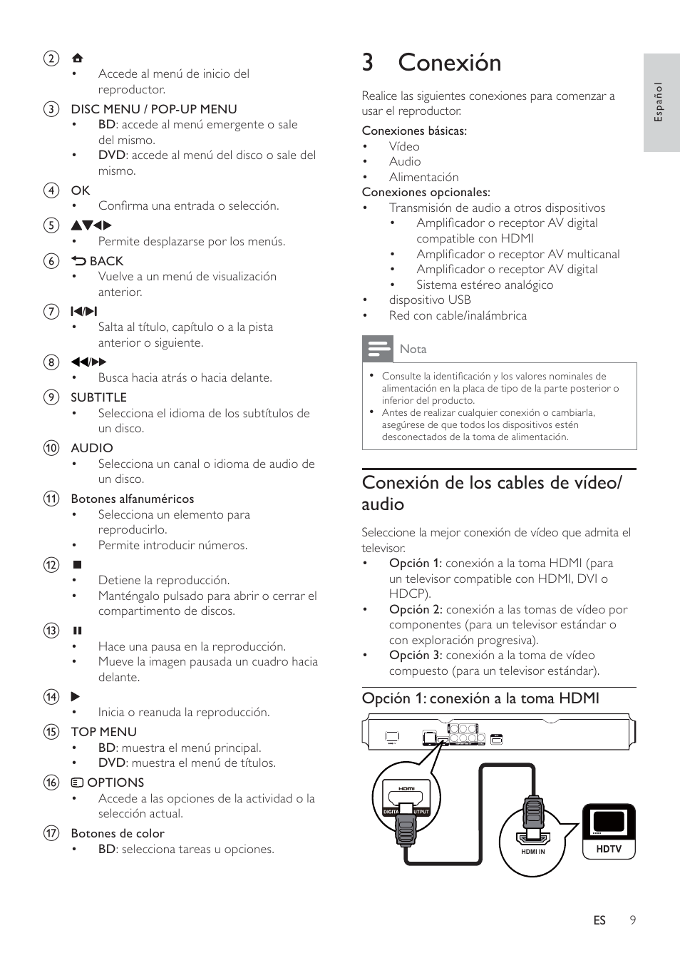 3 conexión, Conexión de los cables de vídeo/ audio | Philips 5000 series Reproductor de Blu-ray Disc User Manual | Page 9 / 55