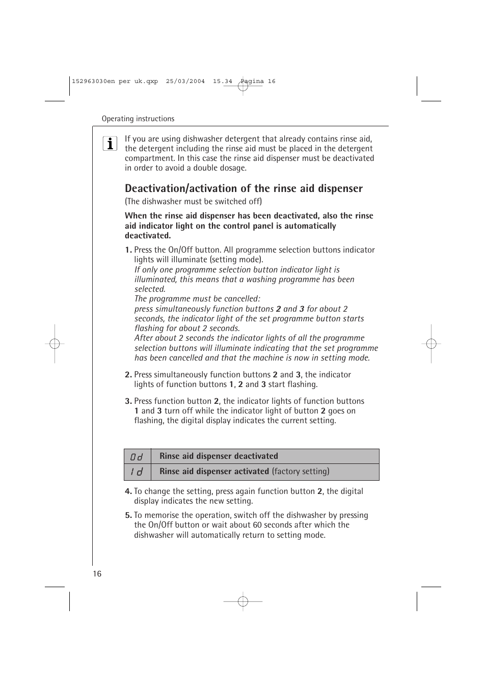 Deactivation/activation of the rinse aid dispenser | AEG FAVORIT 84470 VI User Manual | Page 16 / 48
