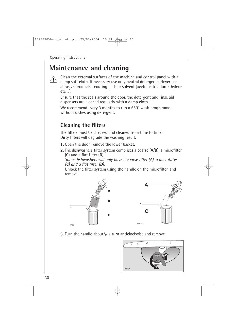 Maintenance and cleaning, Cleaning the filters | AEG FAVORIT 84470 VI User Manual | Page 30 / 48