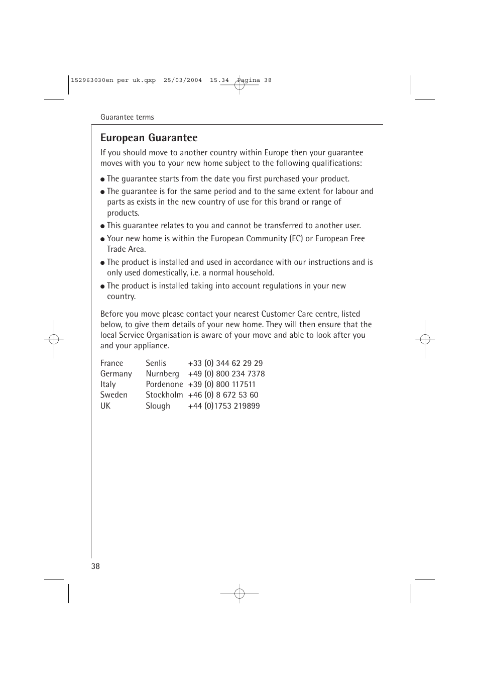 European guarantee | AEG FAVORIT 84470 VI User Manual | Page 38 / 48