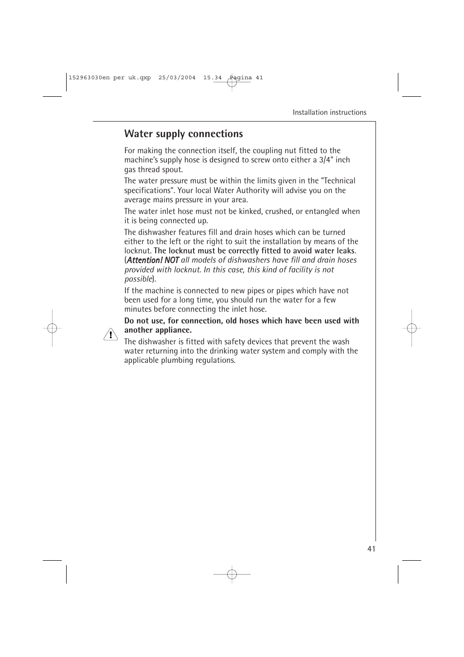 Water supply connections | AEG FAVORIT 84470 VI User Manual | Page 41 / 48