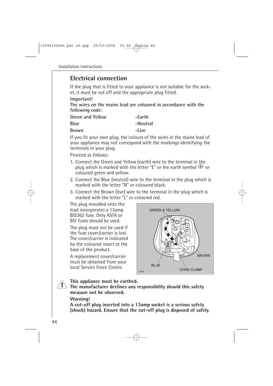 Electrical connection | AEG FAVORIT 84470 VI User Manual | Page 44 / 48