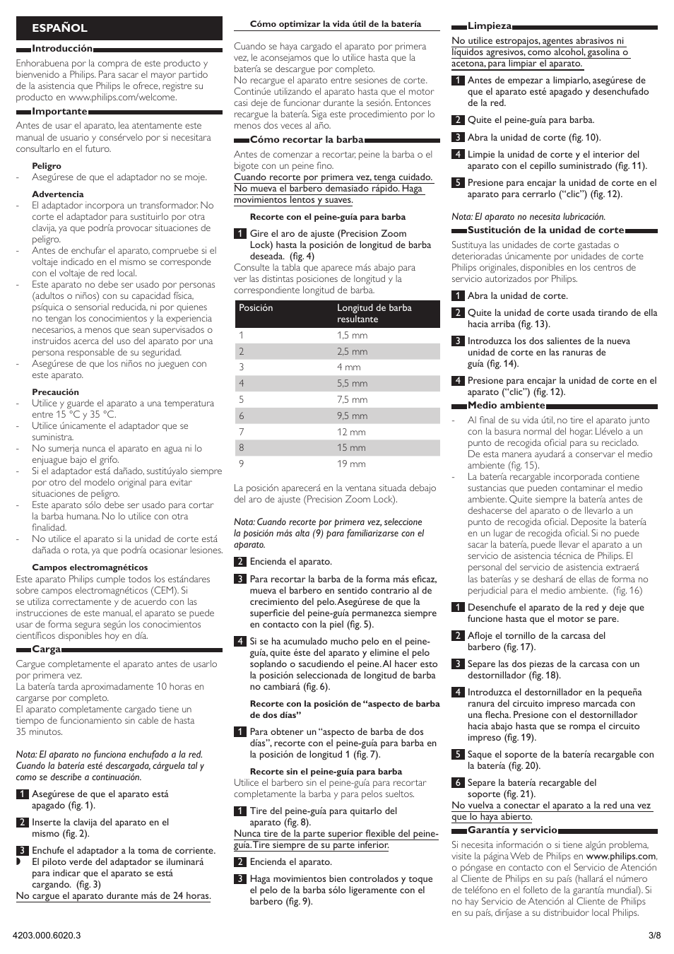 Español | Philips BEARDTRIMMER Series 3000 Barbero User Manual | Page 3 / 8