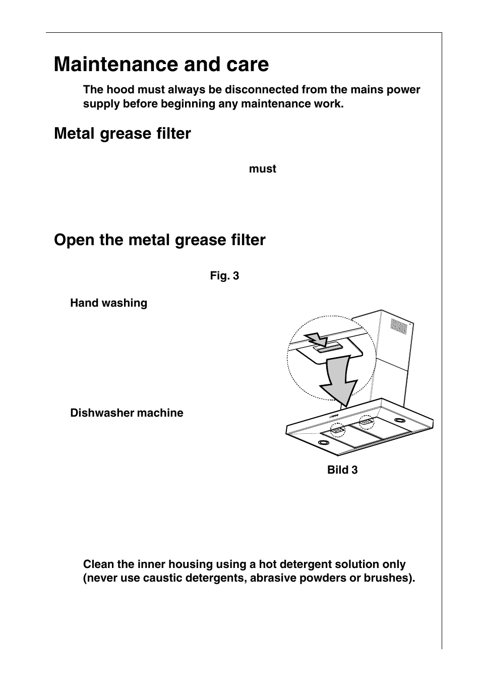 Maintenance and care, Metal grease filter, Open the metal grease filter | AEG 2490 D User Manual | Page 7 / 18