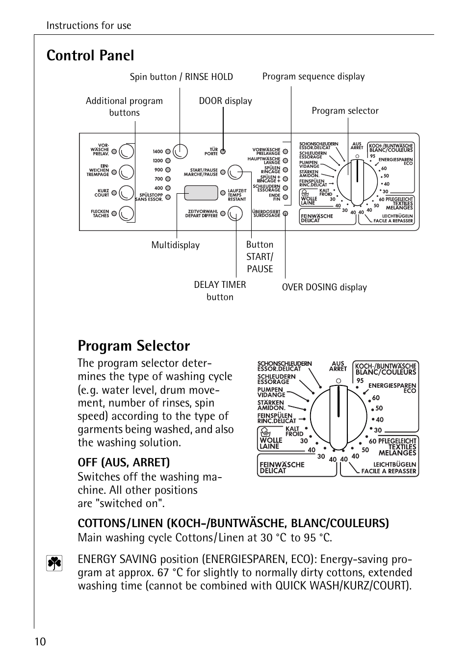 Control panel program selector | AEG KO-LAVAMAT 74740 User Manual | Page 10 / 56