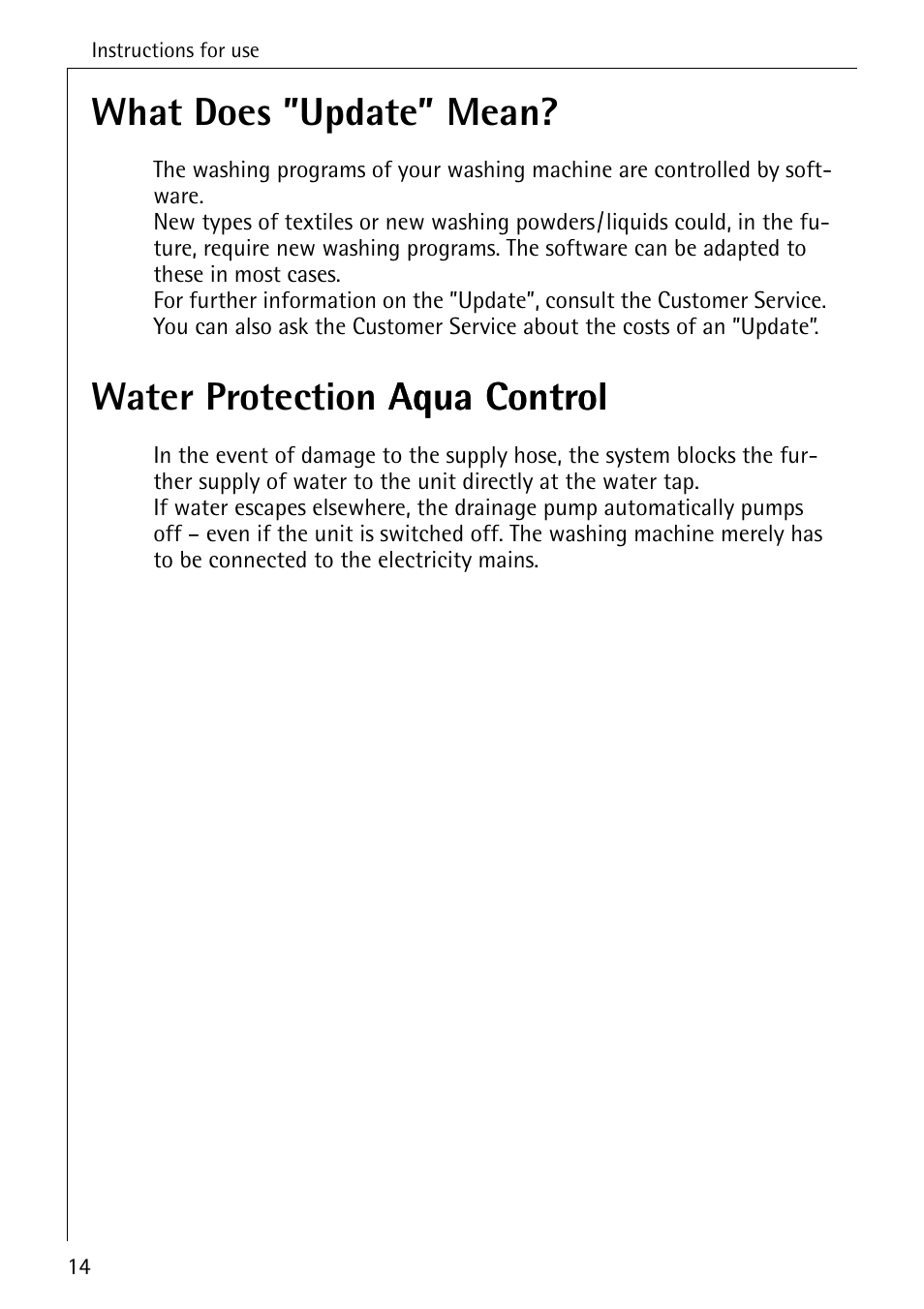 What does ”update” mean, Water protection aqua control aqua control | AEG KO-LAVAMAT 74740 User Manual | Page 14 / 56