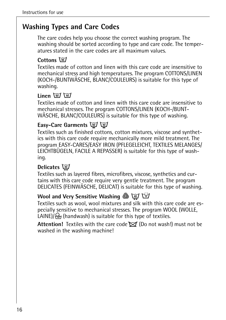 Washing types and care codes | AEG KO-LAVAMAT 74740 User Manual | Page 16 / 56