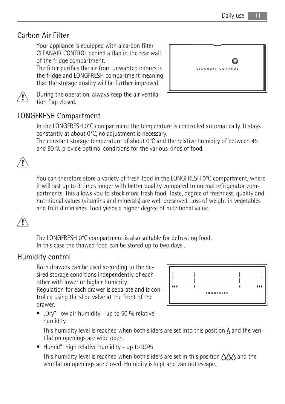 Carbon air filter, Longfresh compartment, Humidity control | AEG SKZ71800F0 User Manual | Page 11 / 24