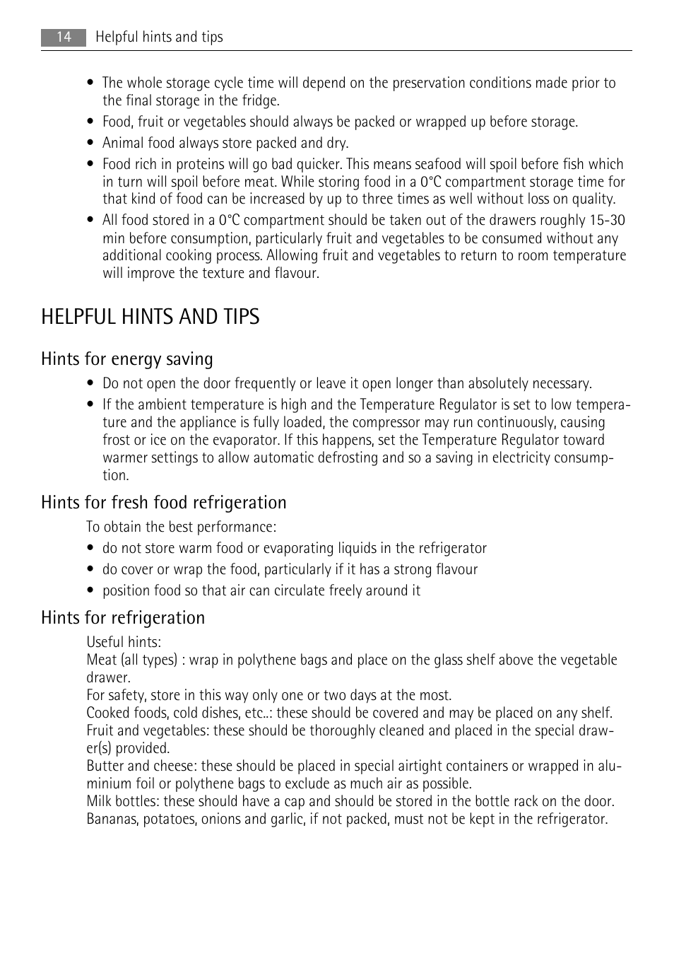 Helpful hints and tips, Hints for energy saving, Hints for fresh food refrigeration | Hints for refrigeration | AEG SKZ71800F0 User Manual | Page 14 / 24