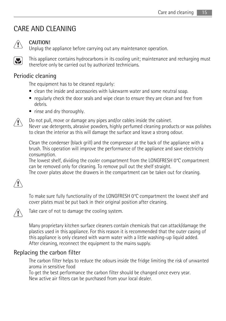 Care and cleaning, Periodic cleaning, Replacing the carbon filter | AEG SKZ71800F0 User Manual | Page 15 / 24