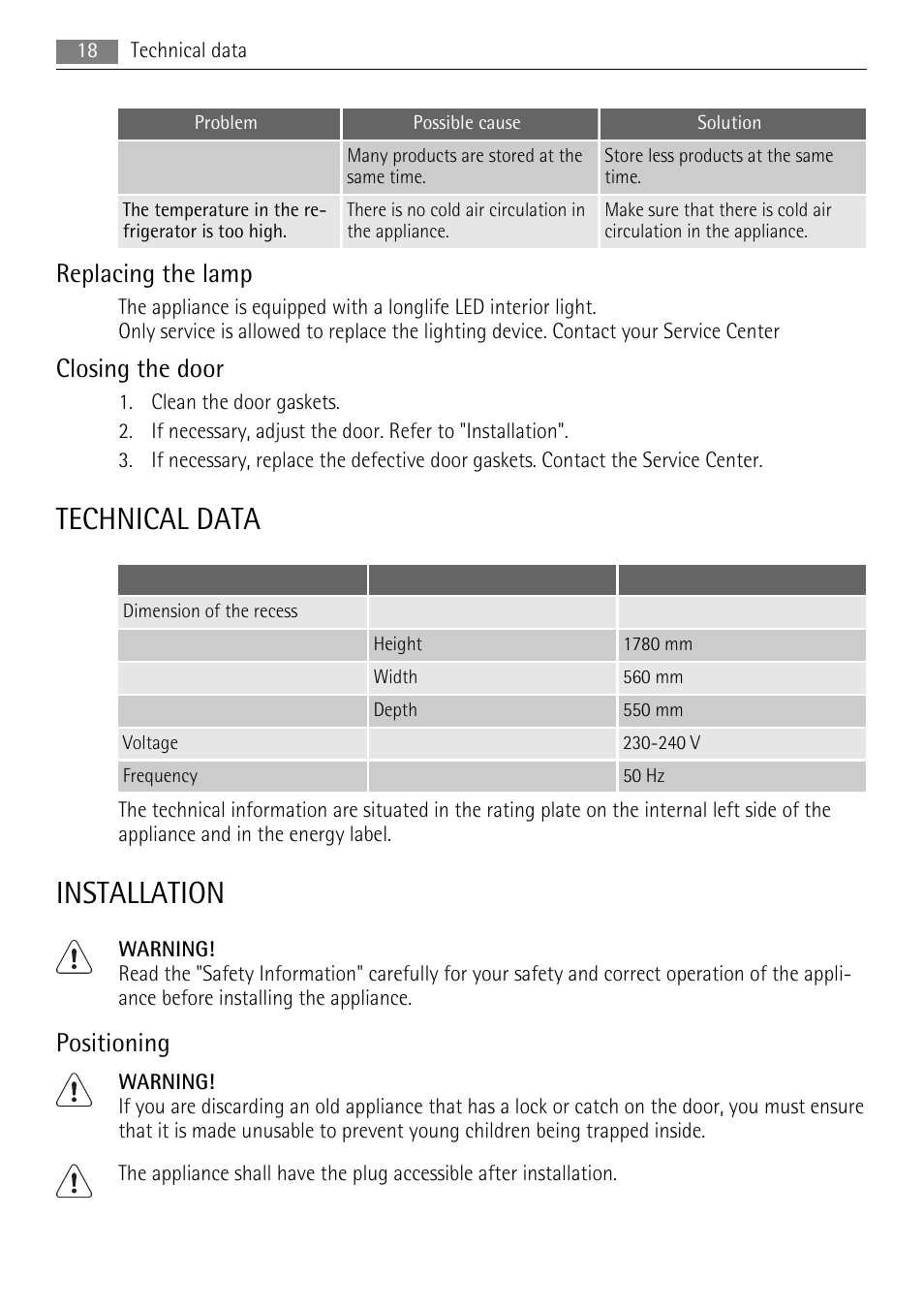 Technical data, Installation, Replacing the lamp | Closing the door, Positioning | AEG SKZ71800F0 User Manual | Page 18 / 24