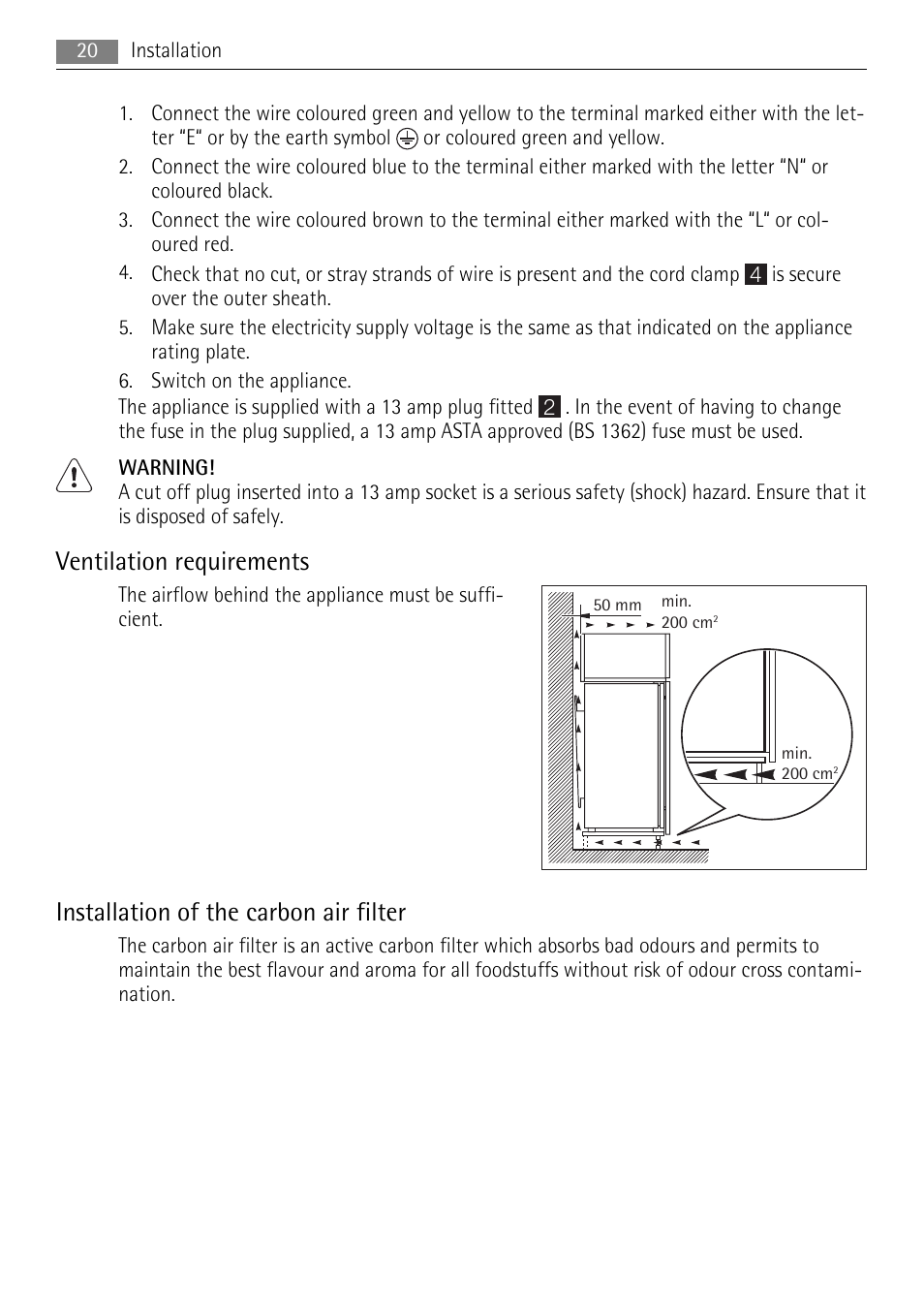 Ventilation requirements, Installation of the carbon air filter | AEG SKZ71800F0 User Manual | Page 20 / 24