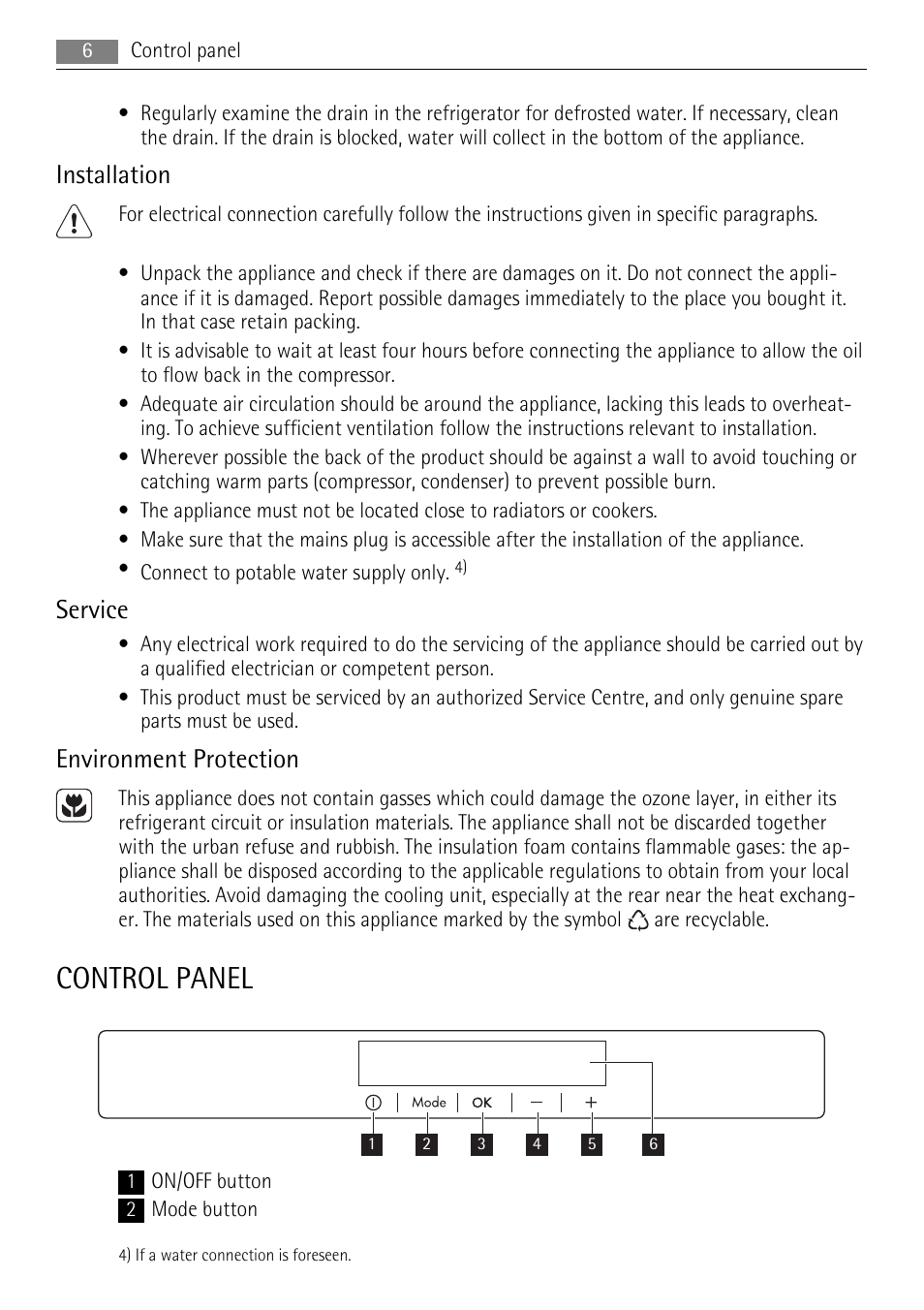 Control panel, Installation, Service | Environment protection | AEG SKZ71800F0 User Manual | Page 6 / 24