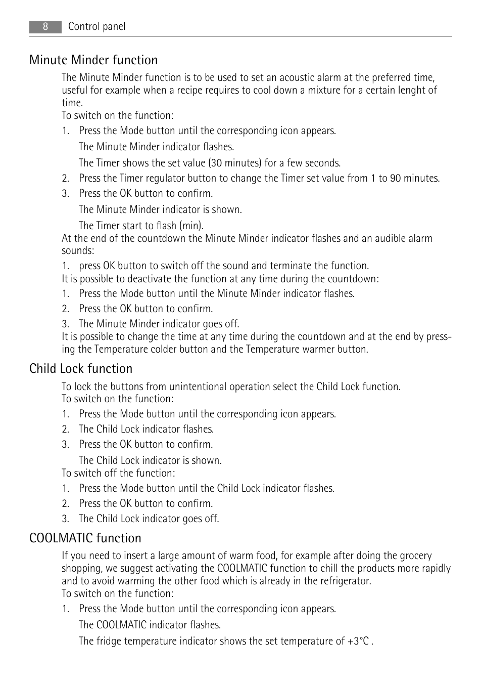 Minute minder function, Child lock function, Coolmatic function | AEG SKZ71800F0 User Manual | Page 8 / 24