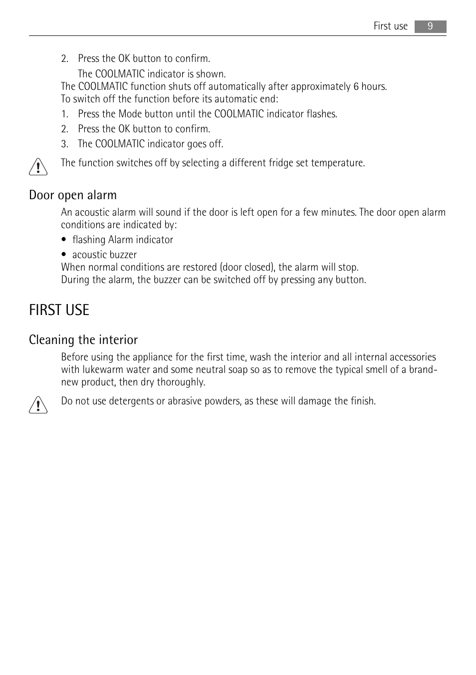 First use, Door open alarm, Cleaning the interior | AEG SKZ71800F0 User Manual | Page 9 / 24