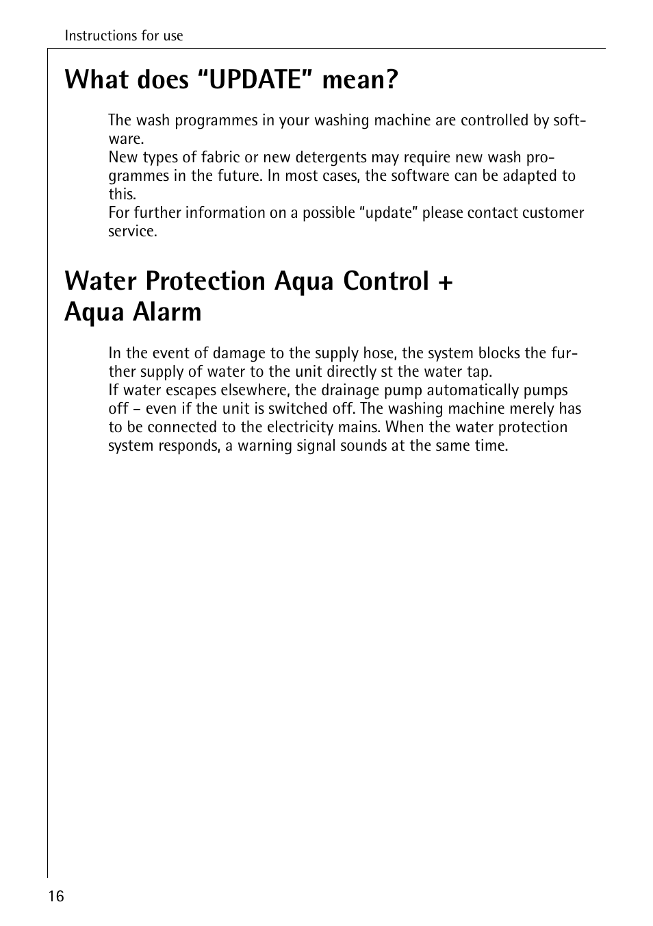 What does “update” mean, Water protection aqua control + aqua alarm | AEG OKO-LAVAMAT 84760 User Manual | Page 16 / 64