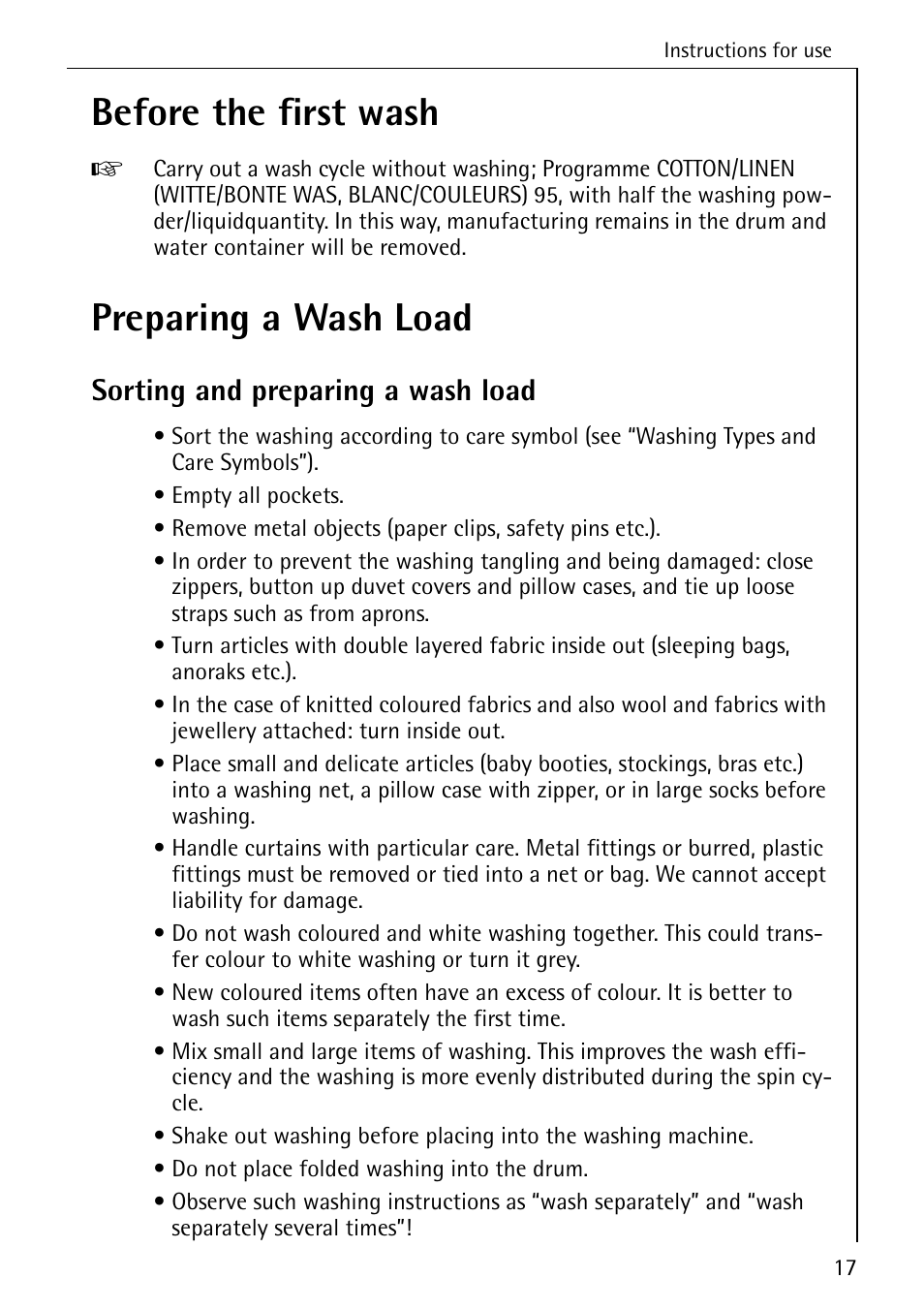 Before the first wash, Preparing a wash load, Sorting and preparing a wash load | AEG OKO-LAVAMAT 84760 User Manual | Page 17 / 64