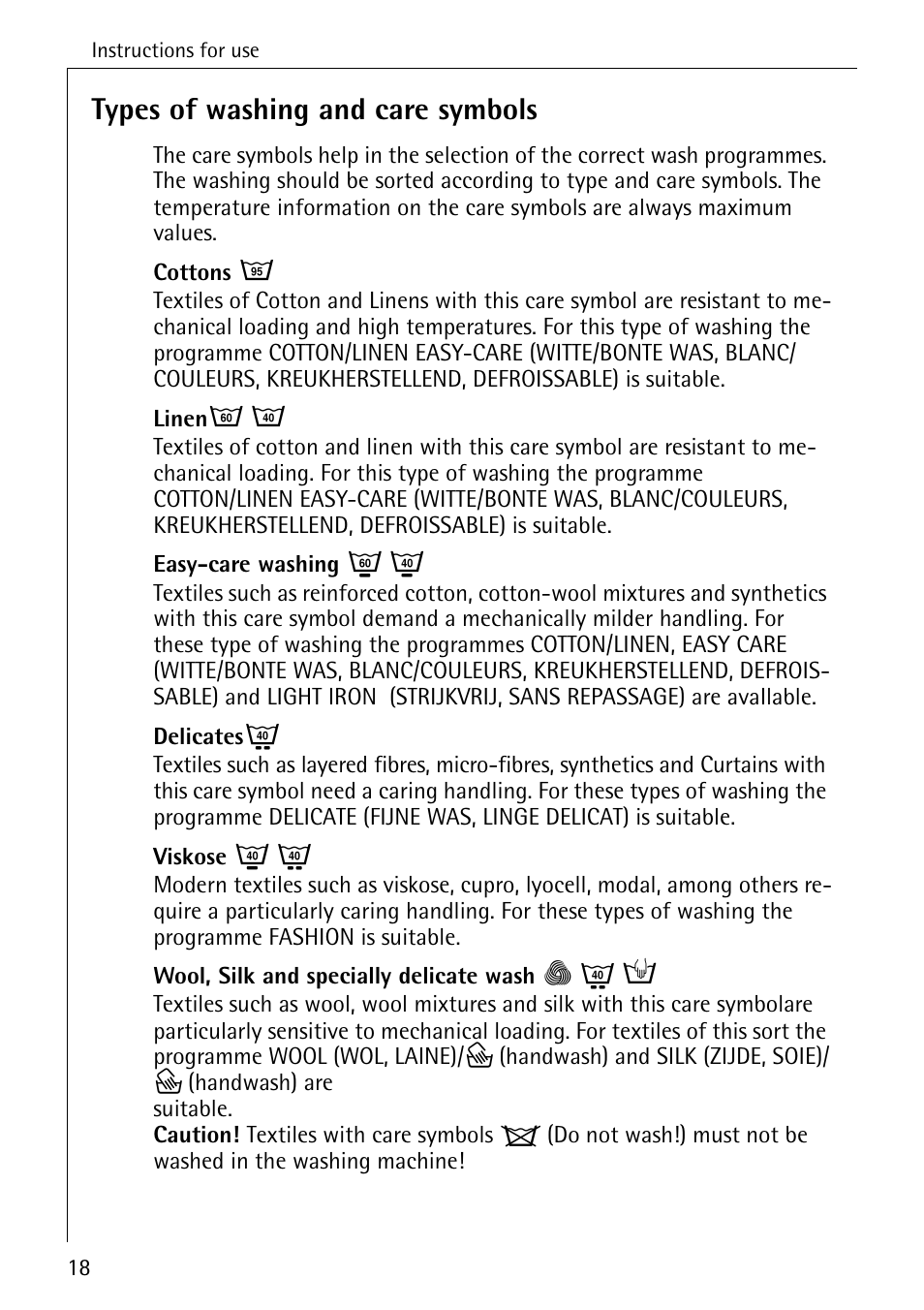 Types of washing and care symbols | AEG OKO-LAVAMAT 84760 User Manual | Page 18 / 64