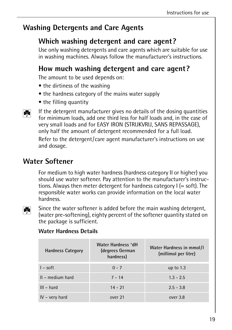 How much washing detergent and care agent, Water softener | AEG OKO-LAVAMAT 84760 User Manual | Page 19 / 64