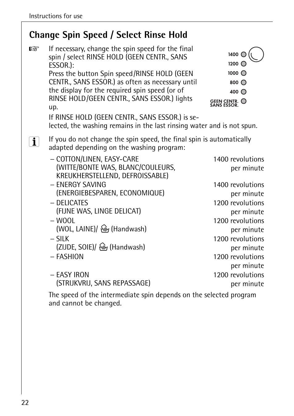 Change spin speed / select rinse hold | AEG OKO-LAVAMAT 84760 User Manual | Page 22 / 64