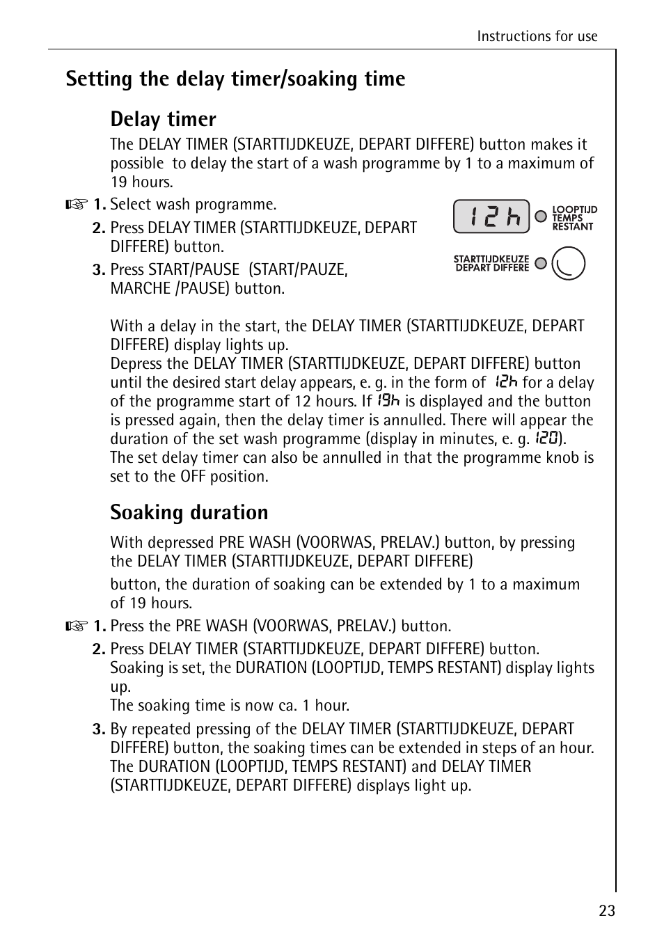 Setting the delay timer/soaking time delay timer, Soaking duration | AEG OKO-LAVAMAT 84760 User Manual | Page 23 / 64