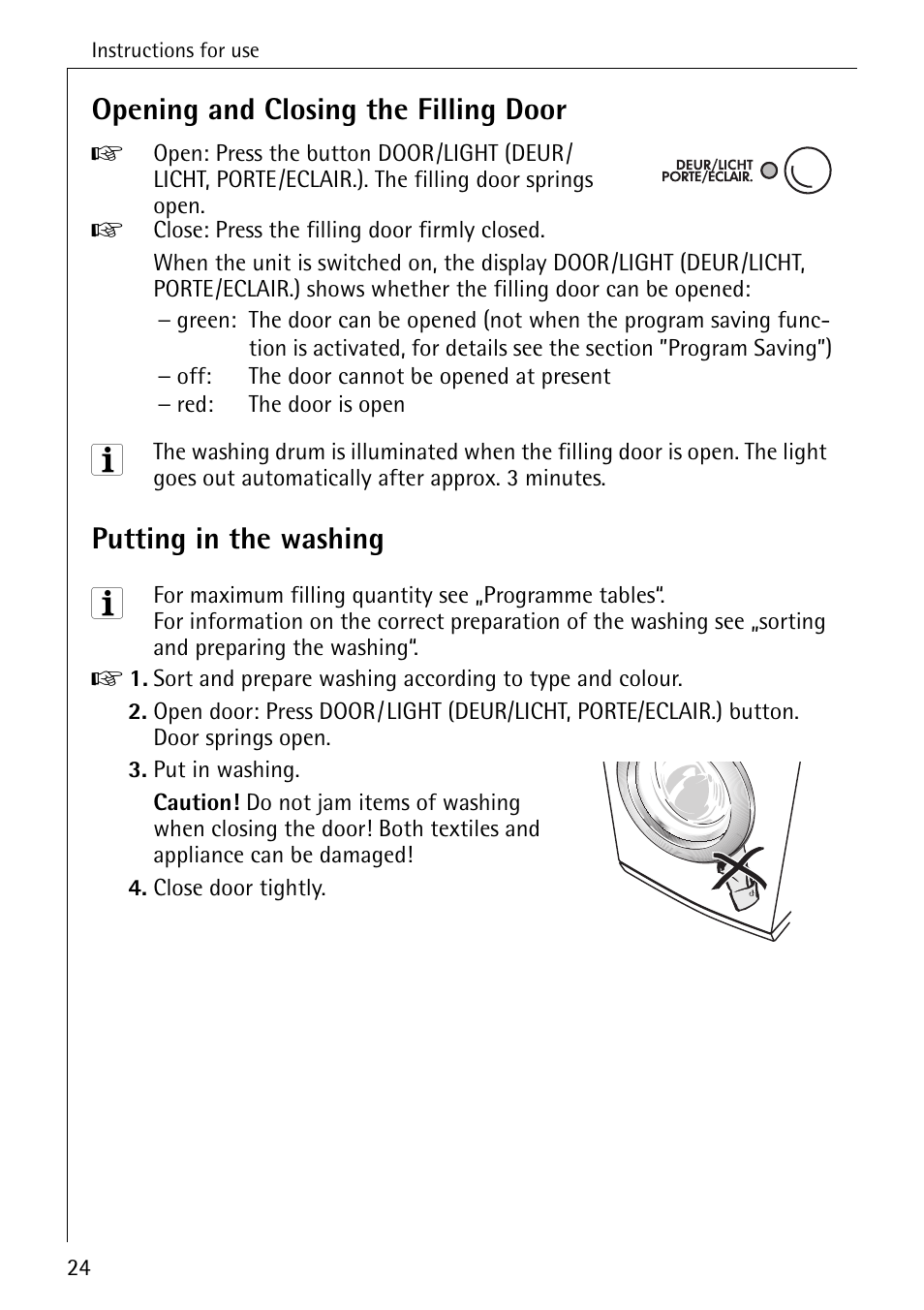 Opening and closing the filling door, Putting in the washing | AEG OKO-LAVAMAT 84760 User Manual | Page 24 / 64
