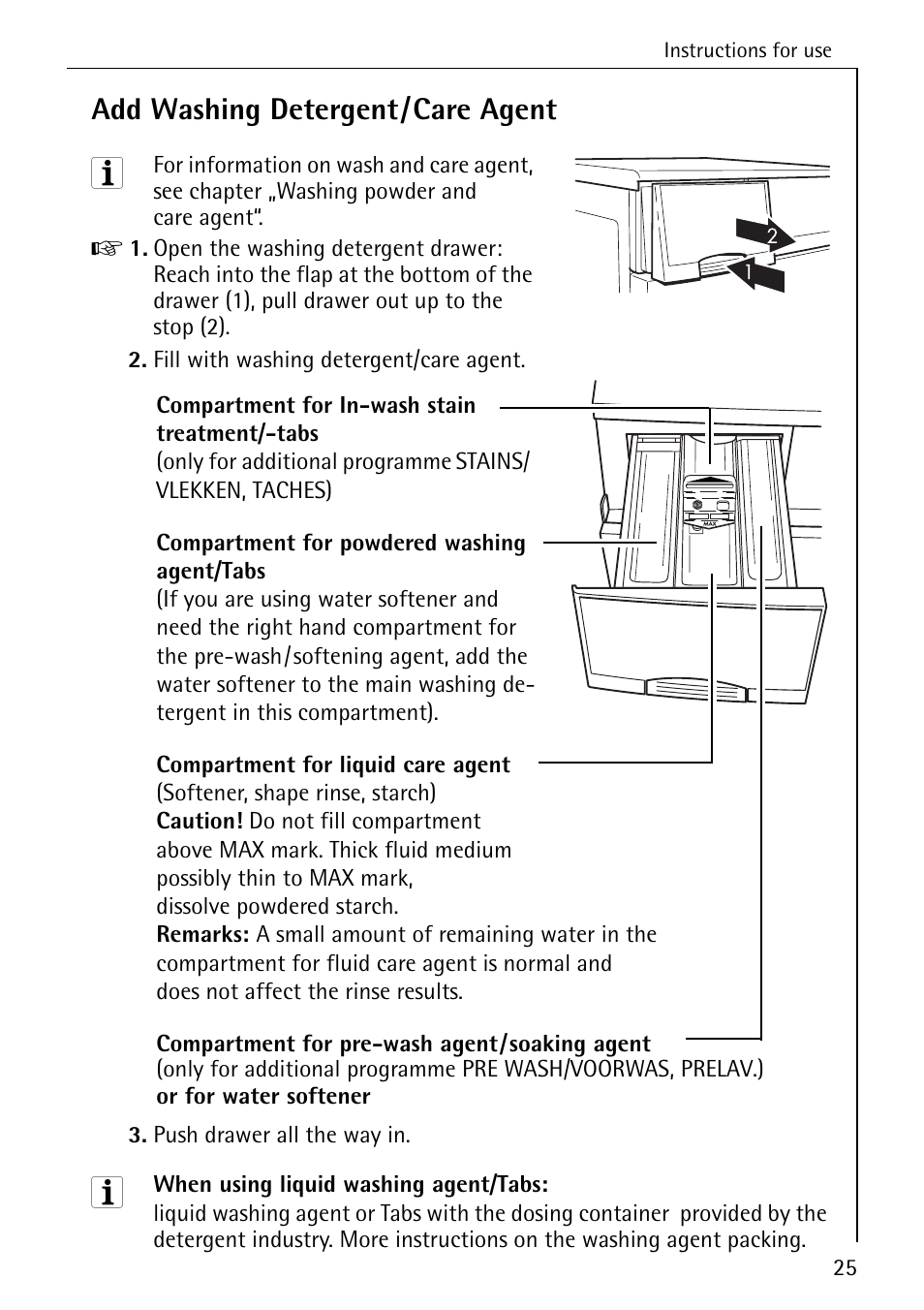 Add washing detergent/care agent | AEG OKO-LAVAMAT 84760 User Manual | Page 25 / 64