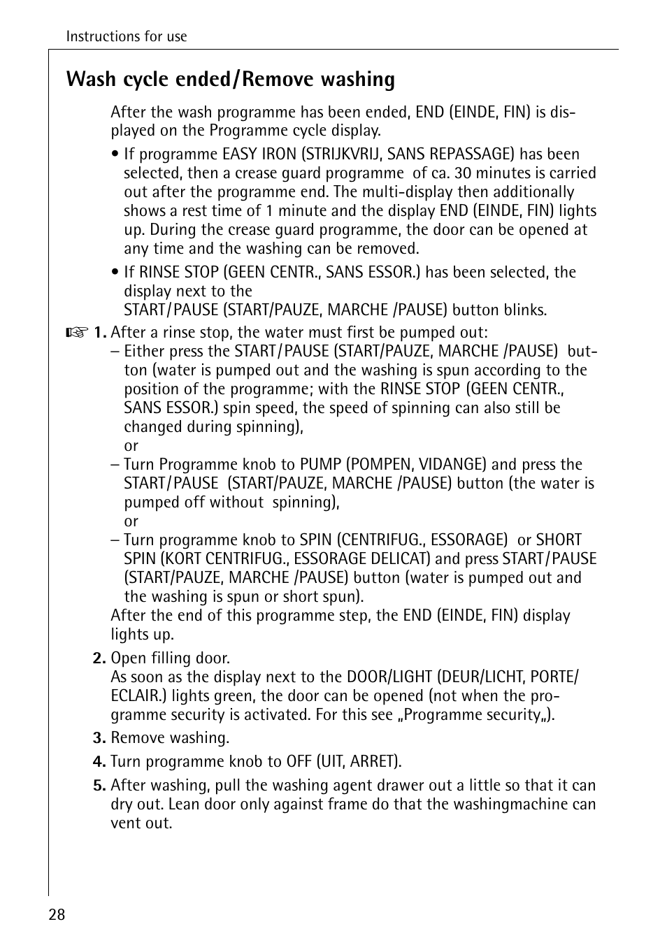 Wash cycle ended/remove washing | AEG OKO-LAVAMAT 84760 User Manual | Page 28 / 64