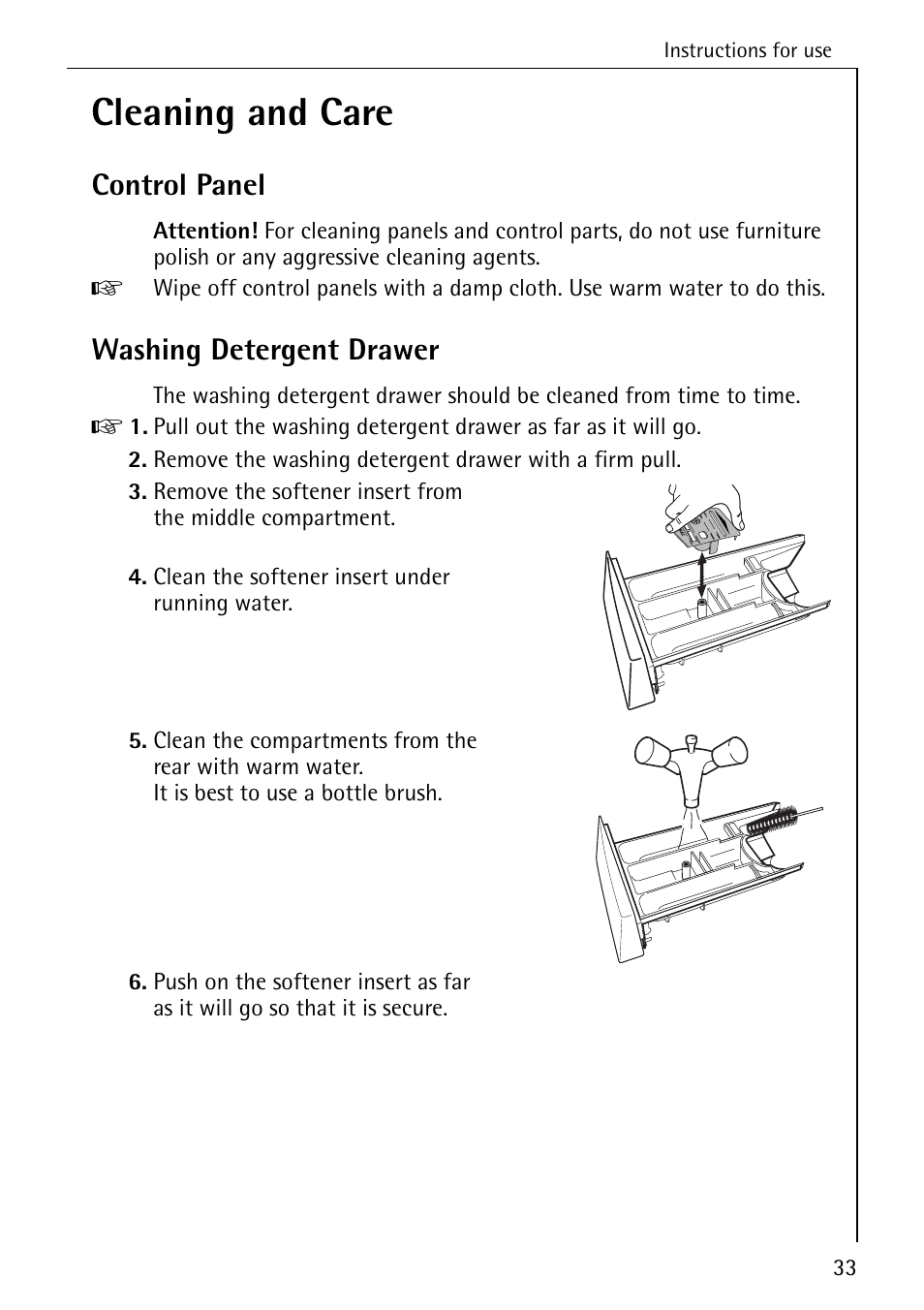 Cleaning and care, Control panel, Washing detergent drawer | AEG OKO-LAVAMAT 84760 User Manual | Page 33 / 64