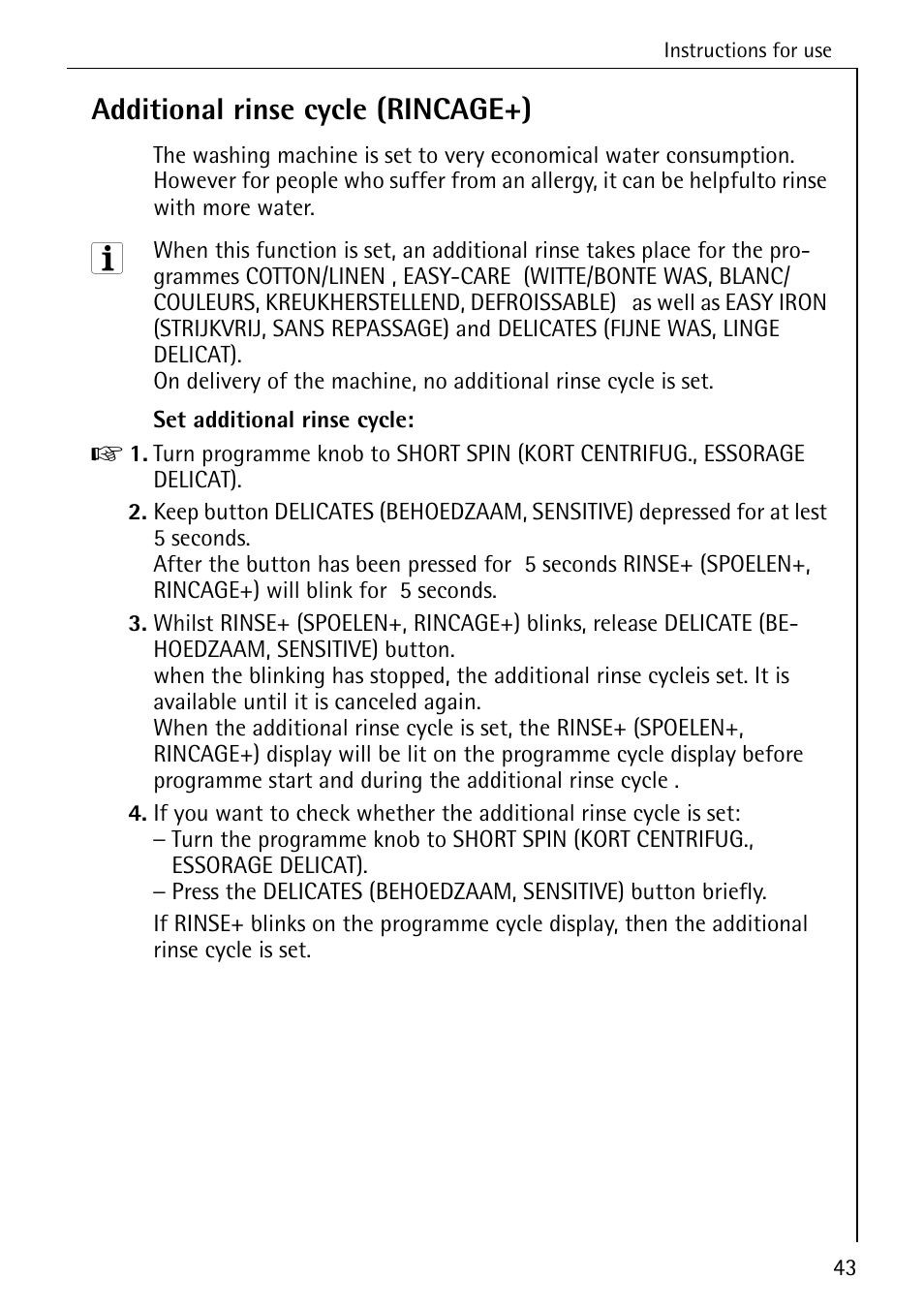 Additional rinse cycle (rincage+) | AEG OKO-LAVAMAT 84760 User Manual | Page 43 / 64