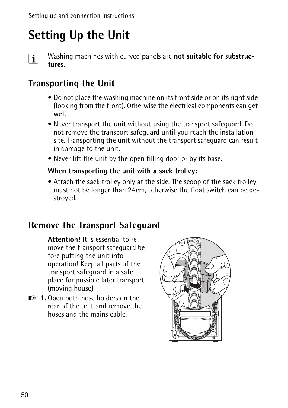 Setting up the unit, Transporting the unit, Remove the transport safeguard | AEG OKO-LAVAMAT 84760 User Manual | Page 50 / 64