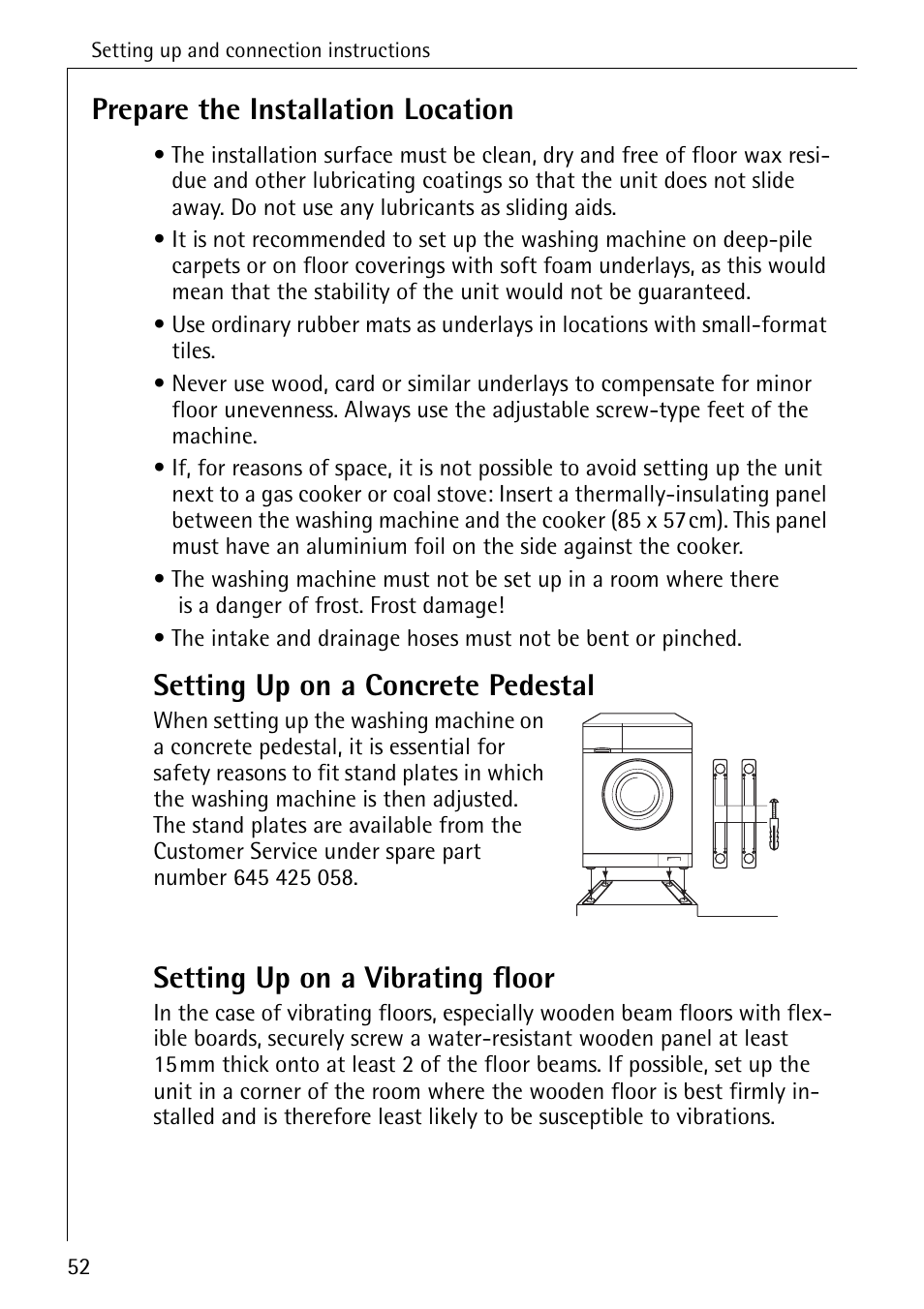 Prepare the installation location, Setting up on a concrete pedestal, Setting up on a vibrating floor | AEG OKO-LAVAMAT 84760 User Manual | Page 52 / 64