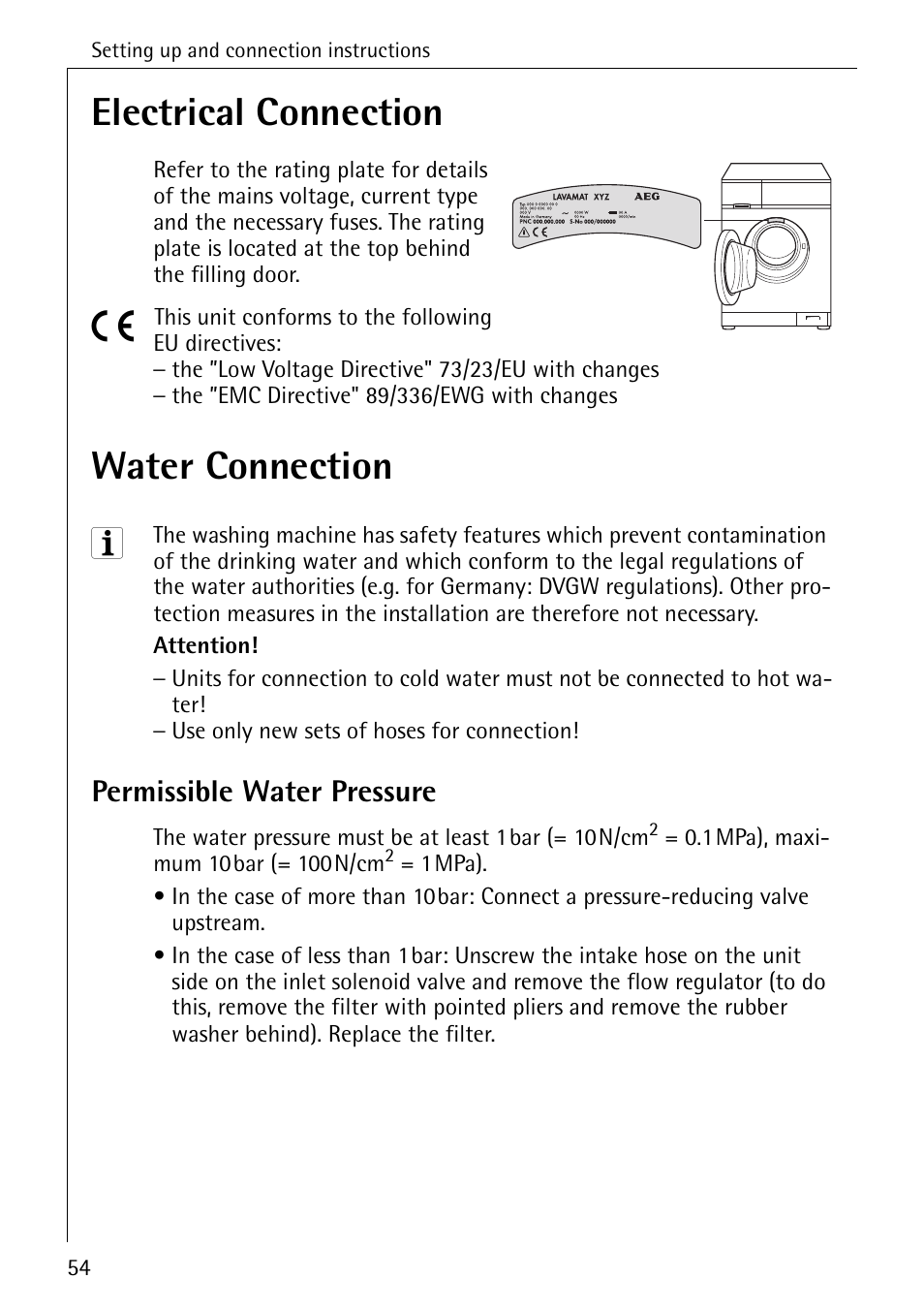 Electrical connection, Water connection, Permissible water pressure | AEG OKO-LAVAMAT 84760 User Manual | Page 54 / 64