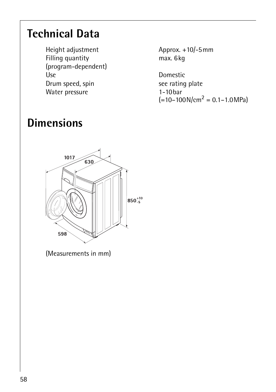 Technical data dimensions | AEG OKO-LAVAMAT 84760 User Manual | Page 58 / 64